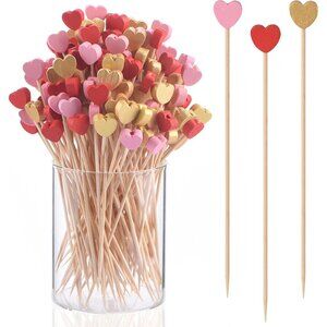 100 Pack Heart-Shaped Bamboo , 4.7" Heart Toothpicks for Appetizers, Natural Bam